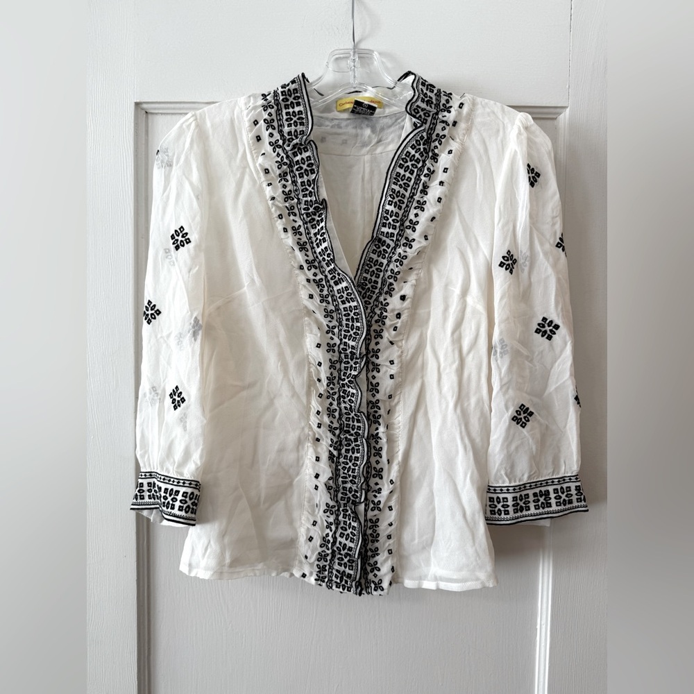 Catherine Malandrino | Silk Embroidered Ruffle Peasant Blouse - Sz 6